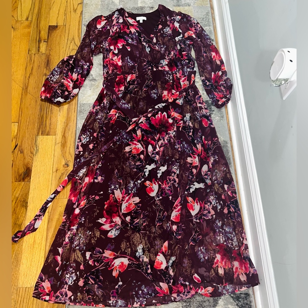 Robbie Bee Burgundy and Pink Floral Long Sleeve Dress